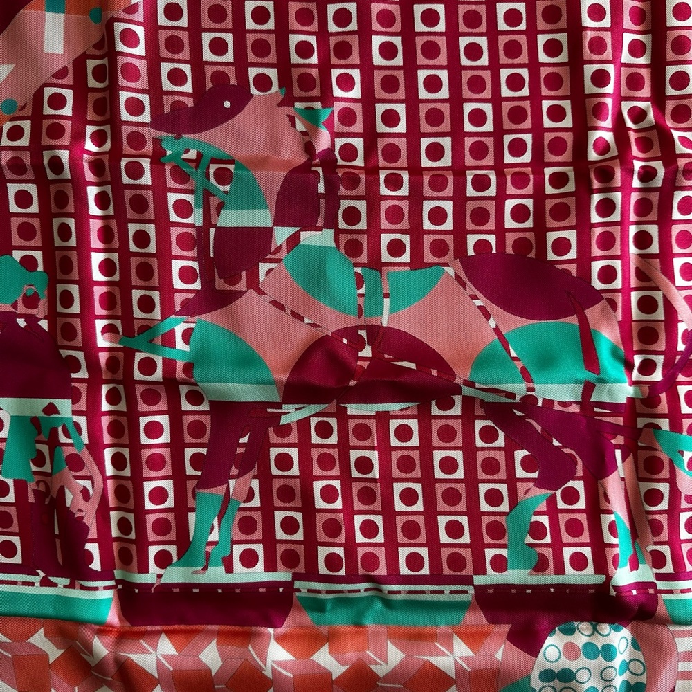 Hermes Geometric Horse Print Scarf - Red and Green